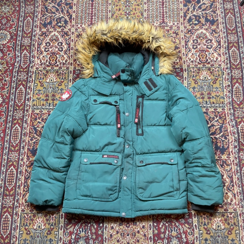 00s Canada Weather Gear Teal Green Heavyweight Parka Fur Hood Size L Zip Patches